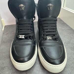 Versace Black Leather Sneakers with White Soles